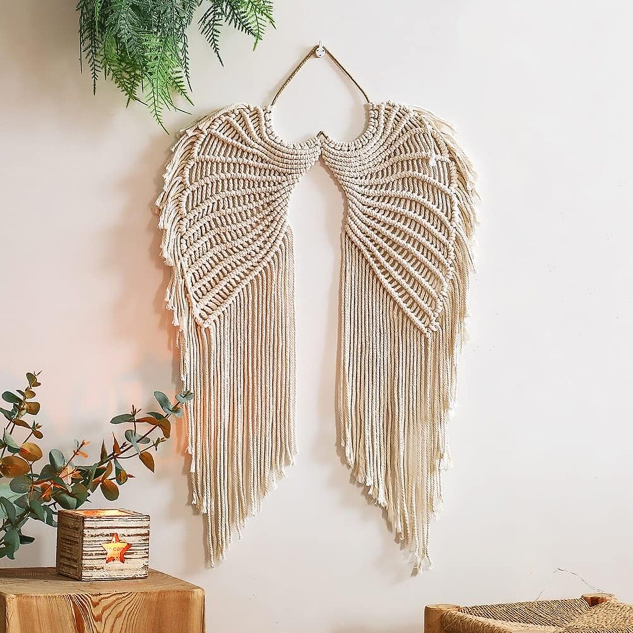 Macrame Wall Hanging Tapestry, Macrame Woven Boho Angel Wings Tapestry with Long Tassels, Bohemian Cotton Handmade Home Decor for Wedding, Office, Living Room, Bedroom